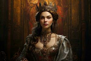ai generado retrato de un hermosa joven mujer en medieval vestir y corona terminado oscuro fondo, ai generado foto