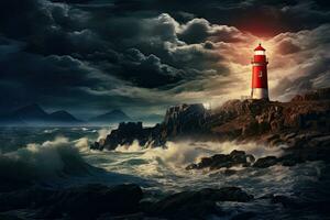 AI generated Lighthouse on a stormy sea. 3D Rendering, AI Generated photo