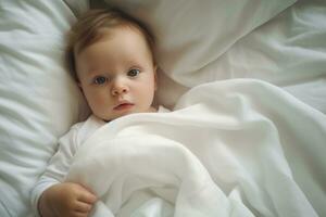 AI generated Adorable little baby girl with blue eyes lying on white blanket, AI Generated photo