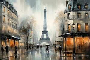 AI generated Eiffel Tower in Paris, France. Watercolor painting, AI Generated photo