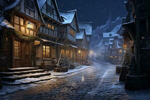 AI generated Night scene of medieval european town. 3D rendering, AI Generated photo