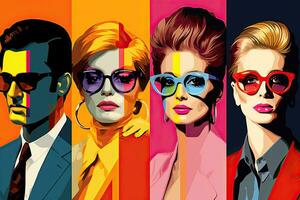 AI generated Vector illustration of a group of young people in sunglasses. Fashion men and women, AI Generated photo