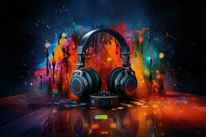 AI generated Digital illustration of Headphones in colour backgroung with lights, AI Generated photo