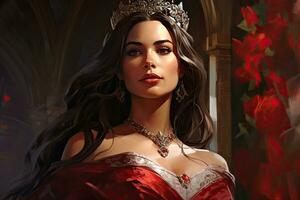 AI generated Portrait of a beautiful girl in a red dress and a crown, AI Generated photo