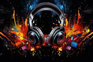 AI generated Music background with headphones and colorful lights. 3d illustration. Music concept, AI Generated photo