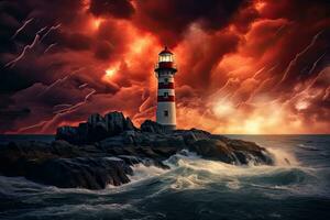 AI generated Lighthouse on the rocks in a stormy sea. 3d render, AI Generated photo