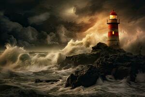 AI generated Lighthouse on the rocks in stormy sea. 3D rendering, AI Generated photo