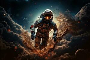 AI generated Astronaut spaceman do spacewalk while working for space station in outer space, AI Generated photo