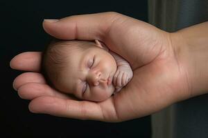 ai generado recién nacido bebé dormido en de la madre mano en oscuro fondo, de cerca, ai generado foto