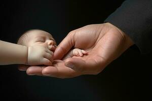 AI generated Mother holding her newborn baby on dark background, closeup. Baby care concept, AI Generated photo