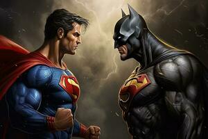 AI generated Two powerful superheroes fighting with each other over dark background, AI Generated photo