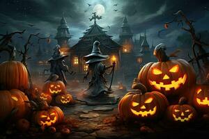 AI generated Halloween background with haunted house and pumpkins - illustration for children, AI Generated photo