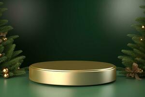 AI generated 3d rendered green Podium display for merry Christmas event photo