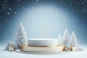 AI generated 3d rendered white and snowy Podium display for merry Christmas event photo