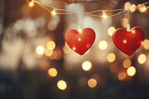 AI generated Valentine day love beautiful hearts hanging on branch of tree photo