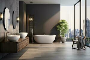 AI generated 3d rendered Minimal style black theme Modern bathroom interior design with bathtub photo