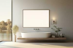 ai generado 3d prestados mínimo estilo negro tema moderno baño interior diseño con bañera foto