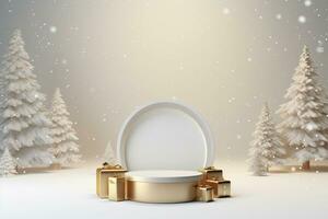 AI generated 3d rendered white and snowy Podium display for merry Christmas event photo