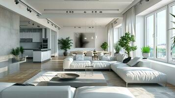 AI generated living room interior design with sofa minimal aesthetic 3d rendered photo