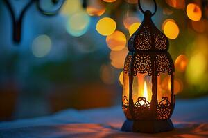 AI generated Ornamental Arabic lanterns. Glittering golden bokeh lights on the table photo