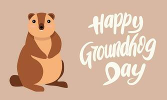 Happy Groundhog Day text banner. Handwriting text Happy Groundhog Day with cute groundhog. Hand drawn vector art