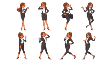 conjunto de mujer de negocios personaje diseño.negocio niña personaje creación conjunto con varios puntos de vista, poses y gestos.cartoaislado en transparente antecedentes png