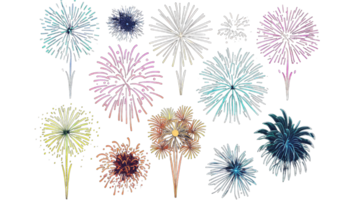 Fireworks. Colorful celebration fireworks isolated on a transparent background. From below, shot of wonderful and vivid fireworks exploding png