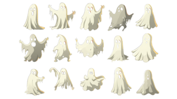 Set of cute ghosts. Isolated flat cartoon vector illustrations of comic phantoms, transparent background png