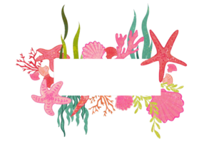 under vattnet element, illustration för hälsning kort, sommar strand bröllop inbjudningar, hantverk, utskrift. vattenfärg ram tillverkad från sjögräs, sjöstjärnor och snäckskal isolerat transparent bakgrund png