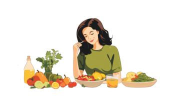 hembra caracteres comiendo sano alimento. mujer con frutas y vegetales fuente de energía y salud, vegetariano dieta aislado en transparente antecedentes. dibujos animados personas ilustración png