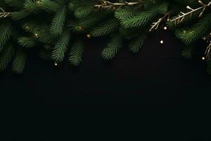 AI generated Christmas composition of fir tree branches on black background photo