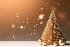 AI generated Decorated christmas tree on wooden table and blurred background. Copy space photo