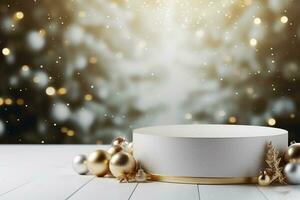 AI generated 3d rendered white and snowy Podium display for merry Christmas event photo