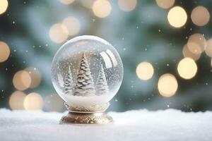 AI generated Crystal ball with a snowy christmas tree fir tree inside falling snow realistic holiday decoration photo