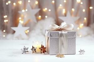 AI generated Christmas holidays composition on white wooden background frame fir branches, gifts. photo