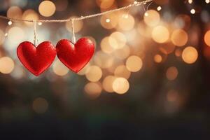 AI generated Valentine day love beautiful hearts hanging on branch of tree photo