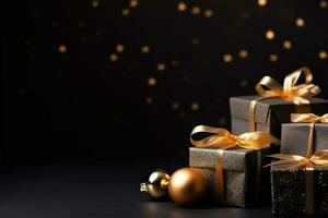 AI generated black and golden gifts boxes on black background photo