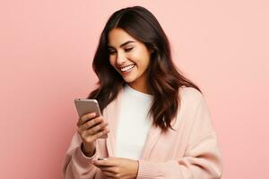 ai generado retrato de hermosa joven mujer con teléfono inteligente en aislado antecedentes generativo ai foto