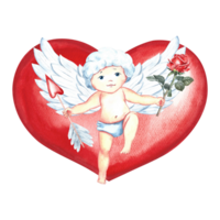 A cute little cupid with an arrow and a rose on the background of a red heart. Hand-drawn watercolor illustration. For Valentine's Day and wedding. For packaging, posters, greeting cards. For printing png