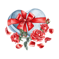 A white heart-shaped gift box with a red bow decorated with roses. Hand-drawn watercolor illustration. For Valentine's day, wedding, birthday. For packaging, flyers, posters and banners, postcards png