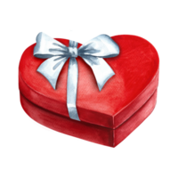 A red heart-shaped gift box with a white bow. Hand-drawn watercolor illustration. For Valentine's day, wedding, birthday. For packaging, flyer, poster and banner, postcard, printing png