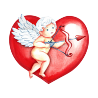 A flying cupid with a bow and arrows on the background of a red heart. Hand-drawn watercolor illustration. For Valentine's Day and wedding. For packaging, posters, greeting cards. For print, printing png