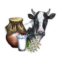 retrato de un vaca y lechería productos en cerámico y cristalería. acuarela mano dibujado ilustración. para Leche promoción bandera, lechería producto etiqueta embalaje. para carteles, huellas dactilares, negocio tarjetas png