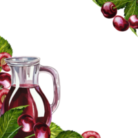 A frame with a jug of cherry juice. Ripe and juicy cherries. A hand-drawn watercolor illustration. For the design of labels, packaging and banners. For textiles, prints. For menus, invitation cards. png