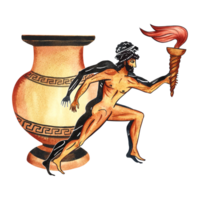 A composition with an ancient Greek running athlete with a torch, on the background of an amphora. In the style of ancient Greek art painting. Hand-drawn watercolor illustration. For prints, packages. png