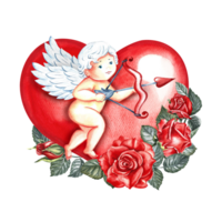 A flying cupid with a bow and arrow on the background of a red heart decorated with roses. Hand-drawn watercolor illustration. For Valentine's Day and wedding. For packaging, posters, greeting cards png