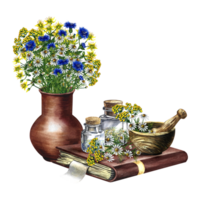 Medicinal herbs, chamomile, cornflowers and tansy. Medicinal plants. A wooden mortar and glass vials on an old recipe book. Hand-drawn watercolor illustration. Isolated. For banner, flyer. png