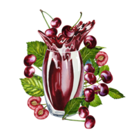 un' bicchiere di ciliegia succo. maturo e succoso ciliegie. un' disegnato a mano acquerello illustrazione. per il design di etichette, confezione e striscioni. per tessili, stampe e adesivi. per menu, invito carte. png