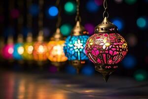 AI generated Colorful hanging Arabic lantern glowing for Muslim holy month Ramadan Kareem photo