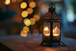 AI generated Ornamental Arabic lanterns. Glittering golden bokeh lights on the table photo